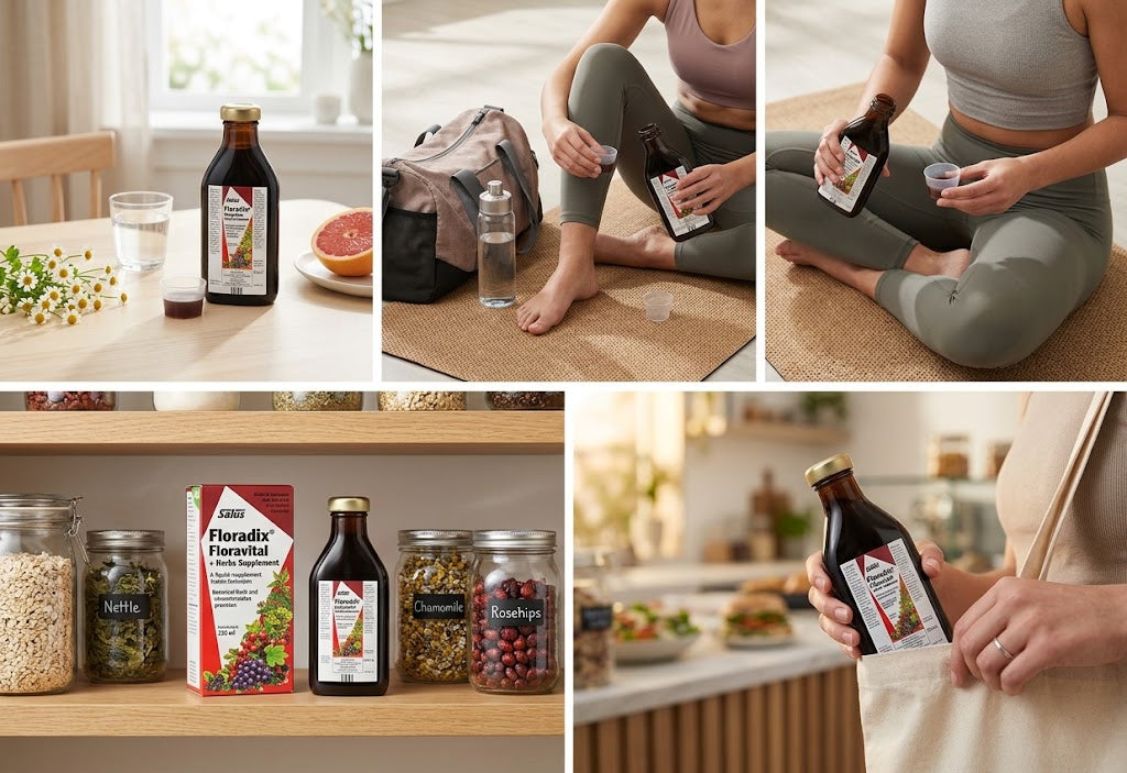 A five-panel collage showing a person using and holding bottles of Floradix Flowerwater in a bright kitchen and home setting. The collage includes close-ups of the dark liquid in the bottles, the person mixing a drink, and shelves stocked with jars of ingredients including oats, nettles, and red berries.