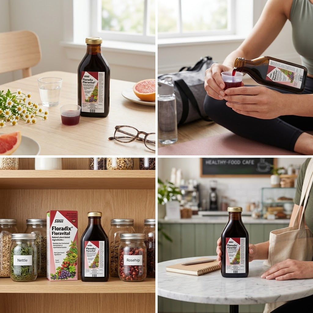 A four-panel collage showing a dark syrup bottle and its packaging in real home and cafe settings. One panel shows a person pouring the dark liquid into a glass, another shows the bottle on a shelf beside jars, and another shows a person holding the bottle at a table.
