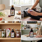 A four-panel collage showing a dark syrup bottle and its packaging in real home and cafe settings. One panel shows a person pouring the dark liquid into a glass, another shows the bottle on a shelf beside jars, and another shows a person holding the bottle at a table.