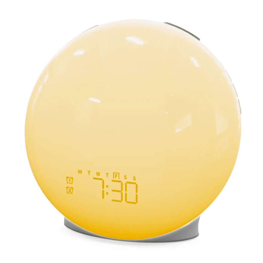 Premium sunrise alarm clock with 19 color modes and natural sleep sounds from More4less Outlet, featuring a sleek design.