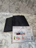 Actual black folded travel carry bag with its printed Travel folding carry bag insert showing materials and labeled unfolded size.