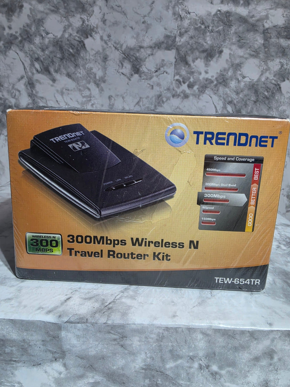 Trendnet travel router kit packaging on a gray surface