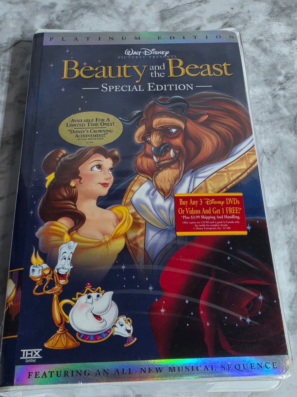 VHS tape of 'Beauty and the Beast' Special Edition on a marble surface