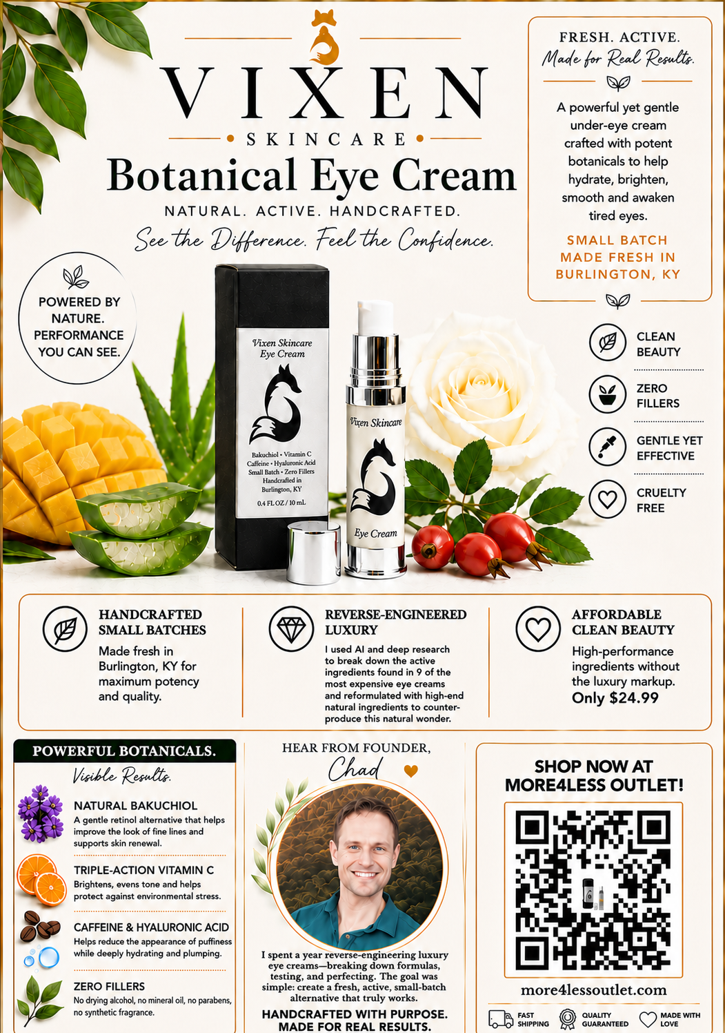 A promotional product graphic for Vixen Skincare Botanical Eye Cream. The layout features the black and white eye cream bottle and tube, surrounded by botanical illustrations of green leaves, red berries, and yellow mango slices.