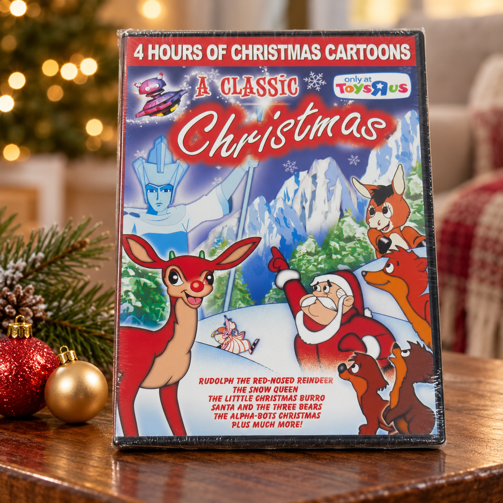 AI-generated holiday table scene with one sealed A Classic Christmas DVD; background decorations and props not included.