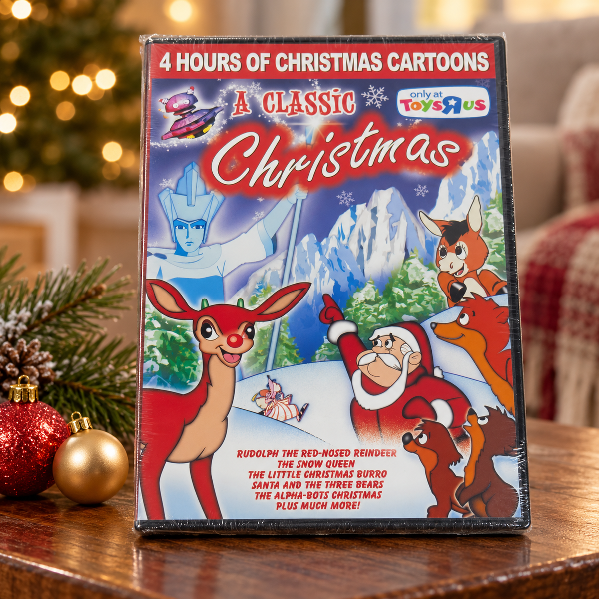 AI-generated holiday table scene with one sealed A Classic Christmas DVD; background decorations and props not included.