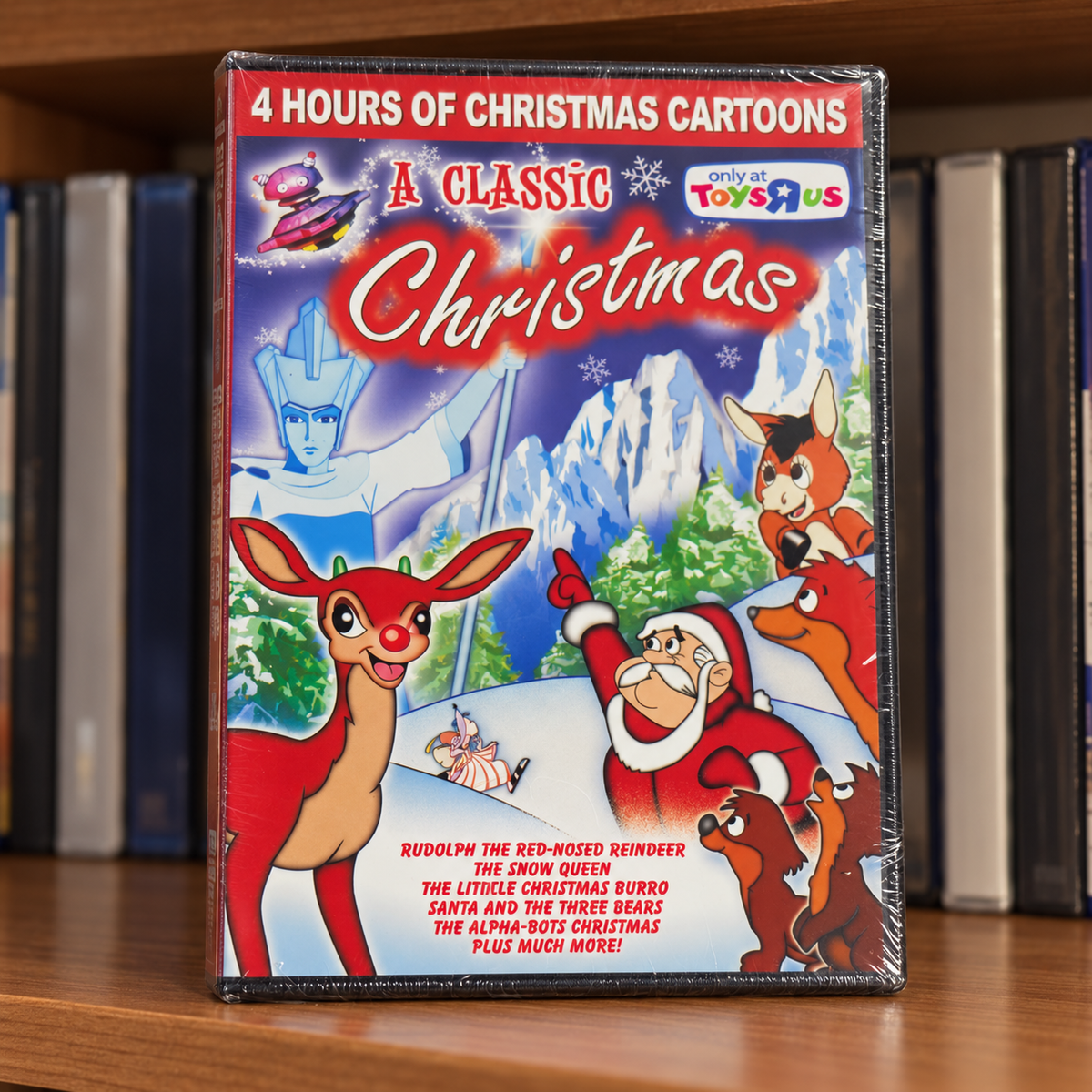 AI-generated media shelf scene with one sealed A Classic Christmas DVD; background decorations and props not included.