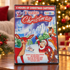 AI-generated movie night scene with one sealed A Classic Christmas DVD; background decorations and props not included.