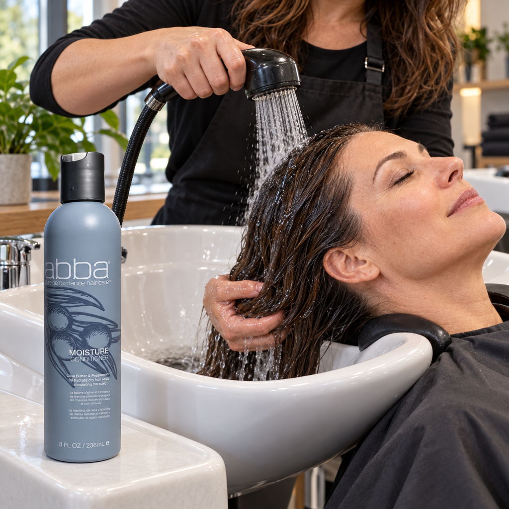 Stylist rinsing an adult client’s wet hair at a basin beside the ABBA Moisture Conditioner 8 fl oz / 236 mL bottle; AI-staged composite.
