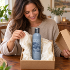 Adult opening tissue around an ABBA Moisture Conditioner 236 mL bottle in an illustrative self-care gift setting; gift packaging not included; AI-staged composite.