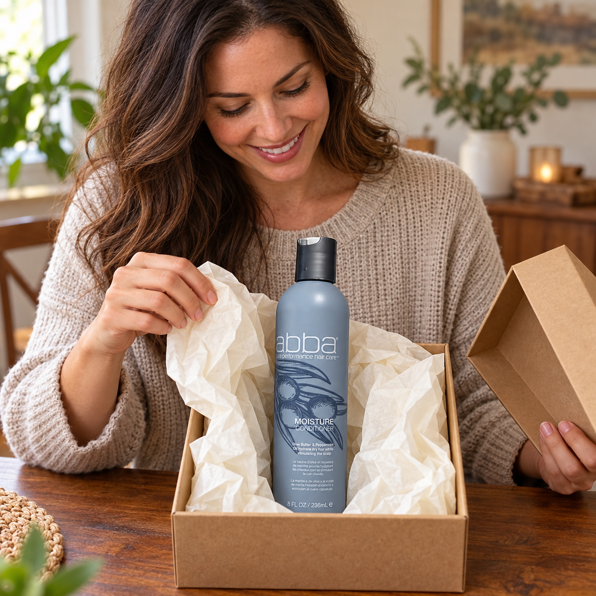Adult opening tissue around an ABBA Moisture Conditioner 236 mL bottle in an illustrative self-care gift setting; gift packaging not included; AI-staged composite.