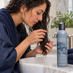 Adult finger-combing wet hair ends over a home basin beside the ABBA Moisture Conditioner 8 fl oz / 236 mL bottle; AI-staged composite.