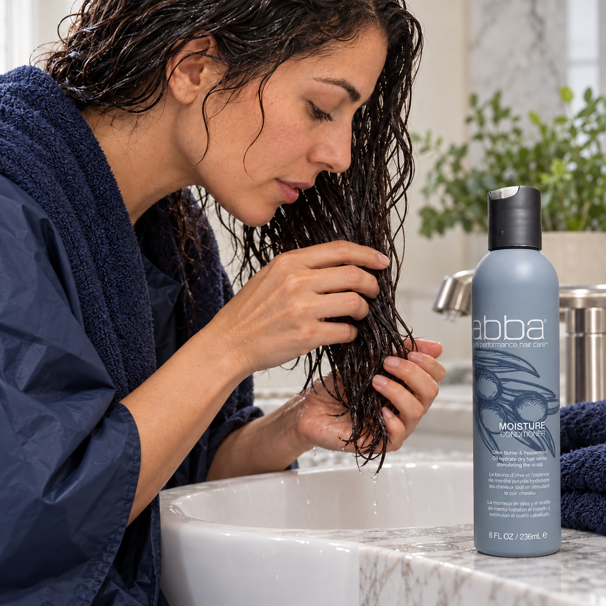 Adult finger-combing wet hair ends over a home basin beside the ABBA Moisture Conditioner 8 fl oz / 236 mL bottle; AI-staged composite.