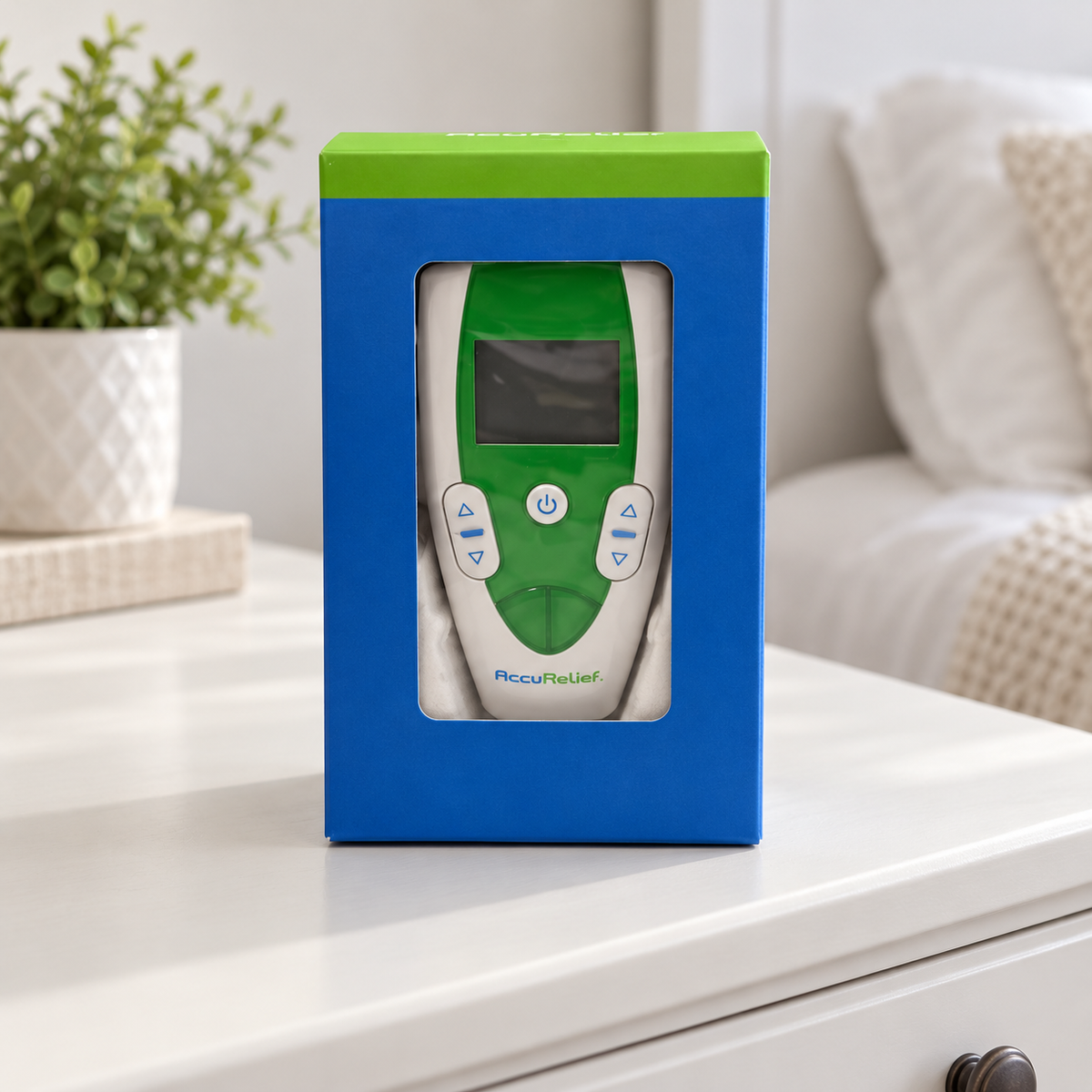 AI-styled AccuRelief ACRL-3001 TENS device in display packaging on a home dresser