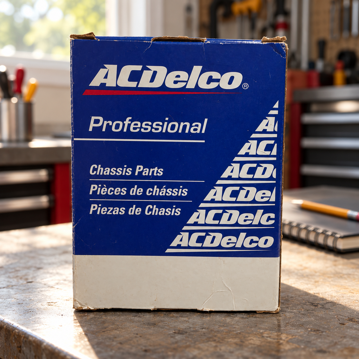 AI-generated repair planning scene featuring the ACDelco Professional retail box for the 45G0627 bushing kit; background tools and props not included.