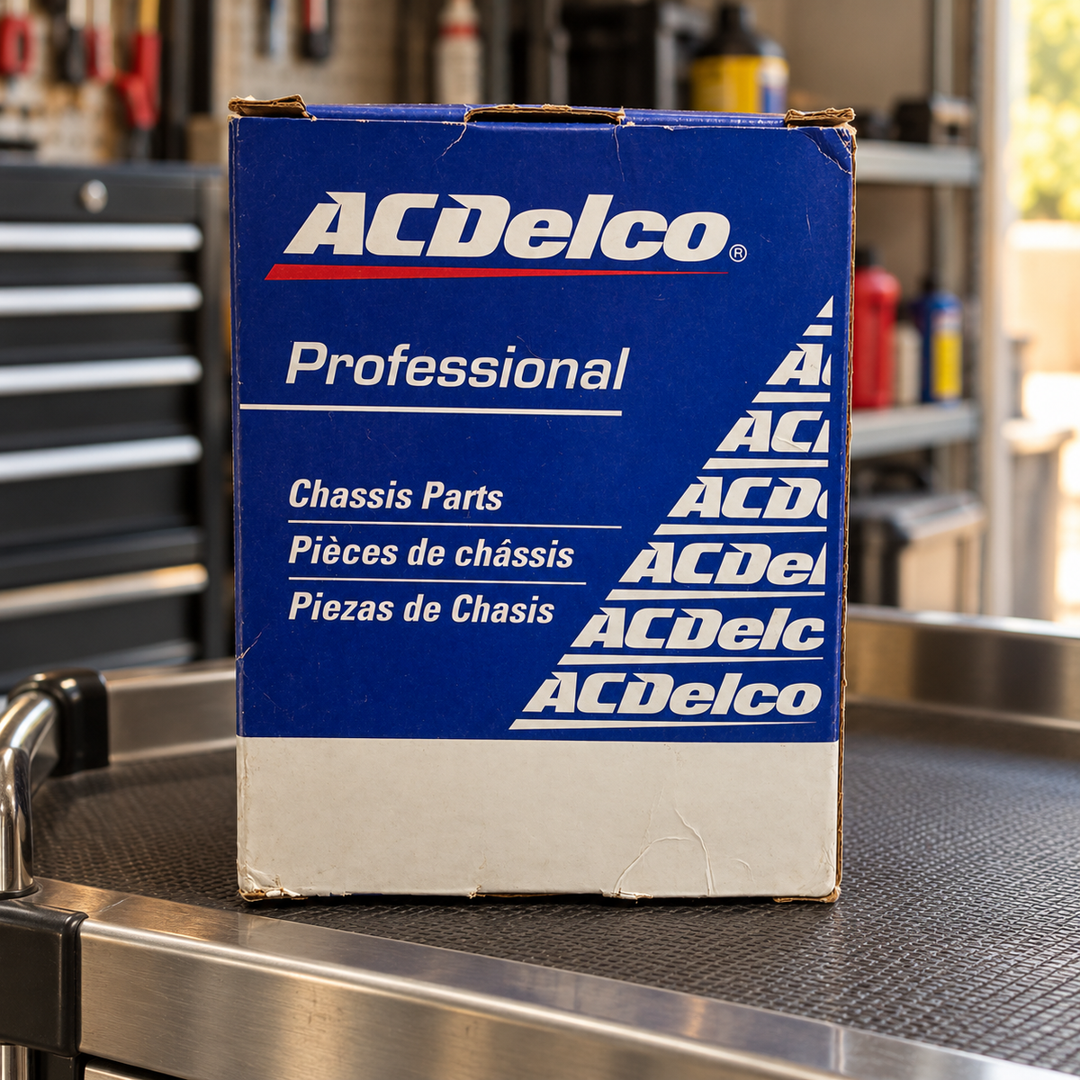 AI-generated tool cart scene featuring the ACDelco Professional retail box for the 45G0627 bushing kit; background tools and props not included.