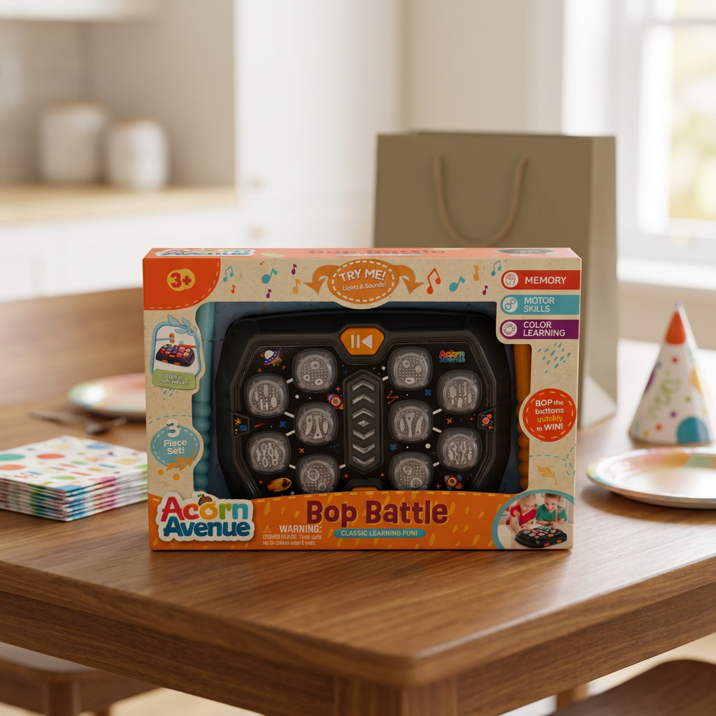 AI-generated lifestyle scene of one boxed Acorn Avenue Bop Battle game on a birthday gift table; gift bag and party props not included