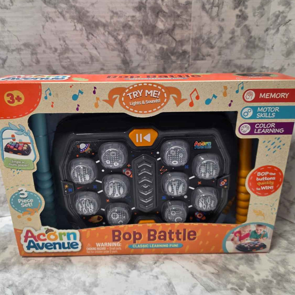 Real Acorn Avenue Bop Battle electronic game retail box showing the game and two mallets, ages 3 and up