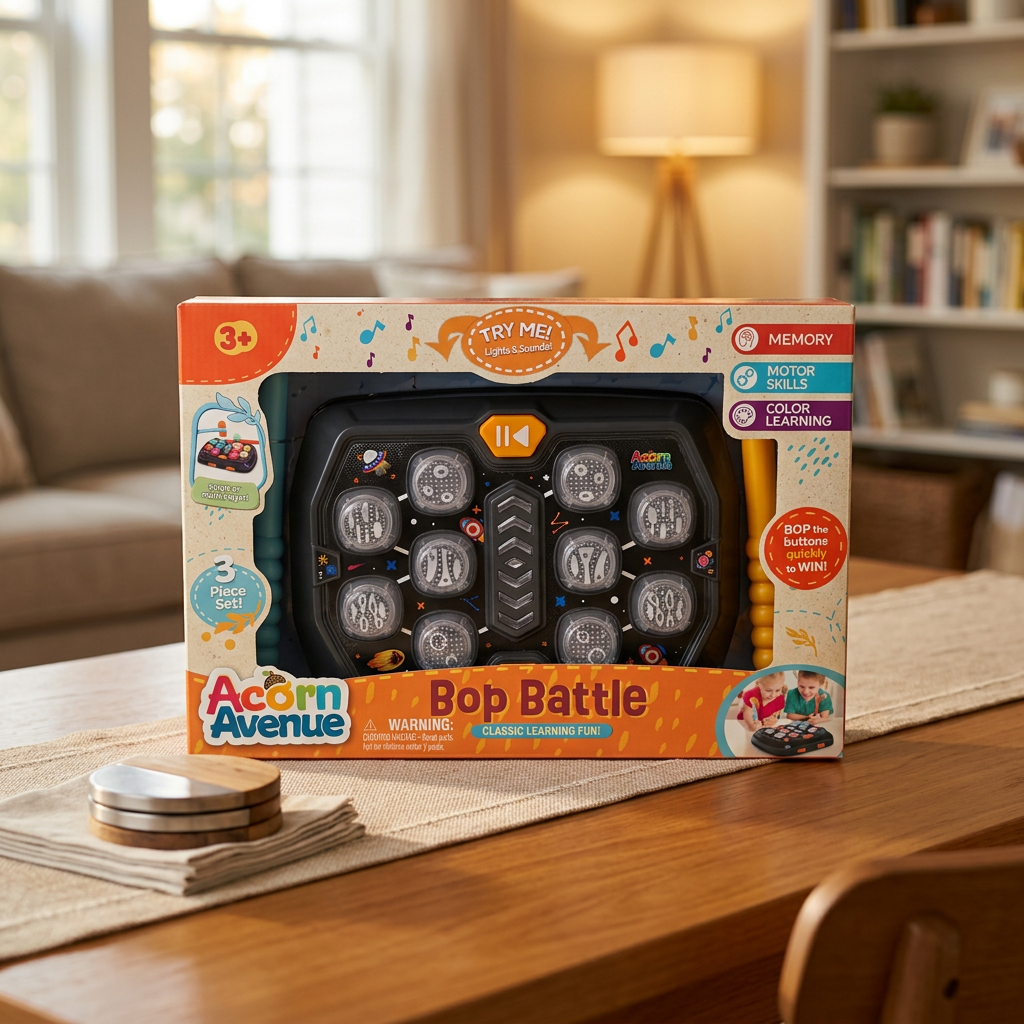 AI-generated lifestyle scene of one boxed Acorn Avenue Bop Battle game on a family dining table; furniture and props not included