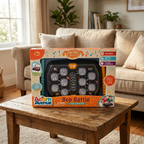 AI-generated lifestyle scene of one boxed Acorn Avenue Bop Battle game on a living-room coffee table; furniture and props not included