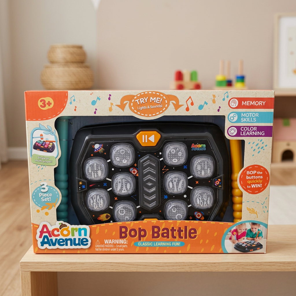 AI-generated lifestyle scene of one boxed Acorn Avenue Bop Battle game on a playroom shelf; furniture and props not included
