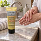 AI illustration of Adamia 3 oz yellow hand cream tube beside a sink during a hand-moisturizing routine; props not included