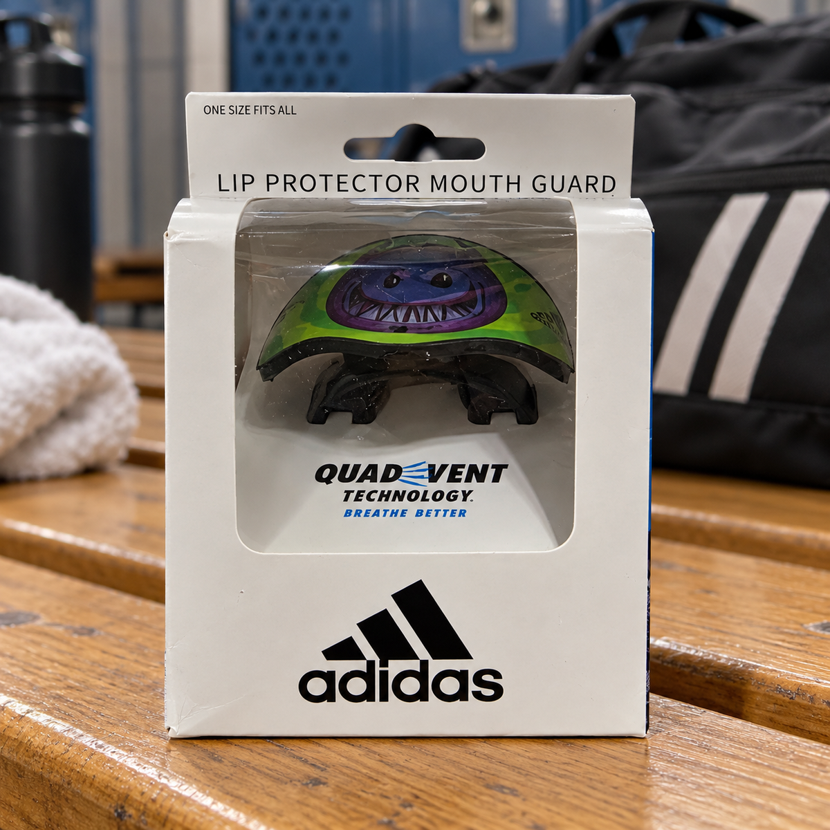 AI-styled Adidas Big Mood Demon AD-LP-910 mouthguard in original packaging at a locker bench