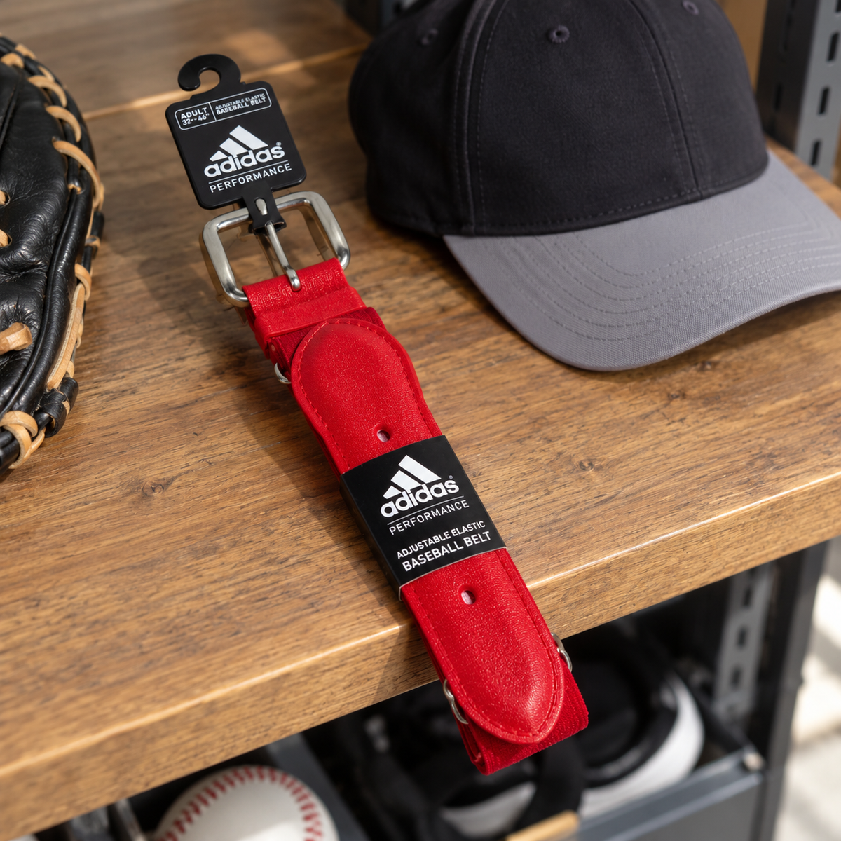 AI-styled red Adidas Performance adult baseball belt with tags on a gear shelf