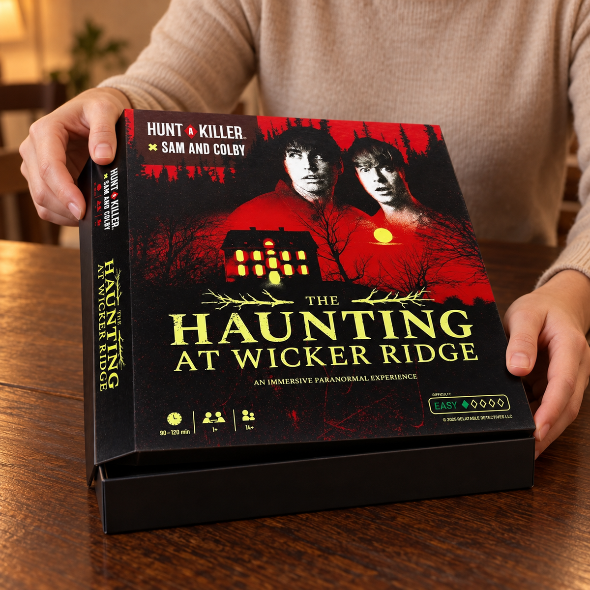 AI-generated lifestyle illustration of an adult opening The Haunting at Wicker Ridge game box, with contents concealed.