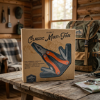 AI-generated lifestyle scene of one boxed Adventure Is Out There orange 11-in-1 multi-tool on a cabin packing table; backpack and props not included.