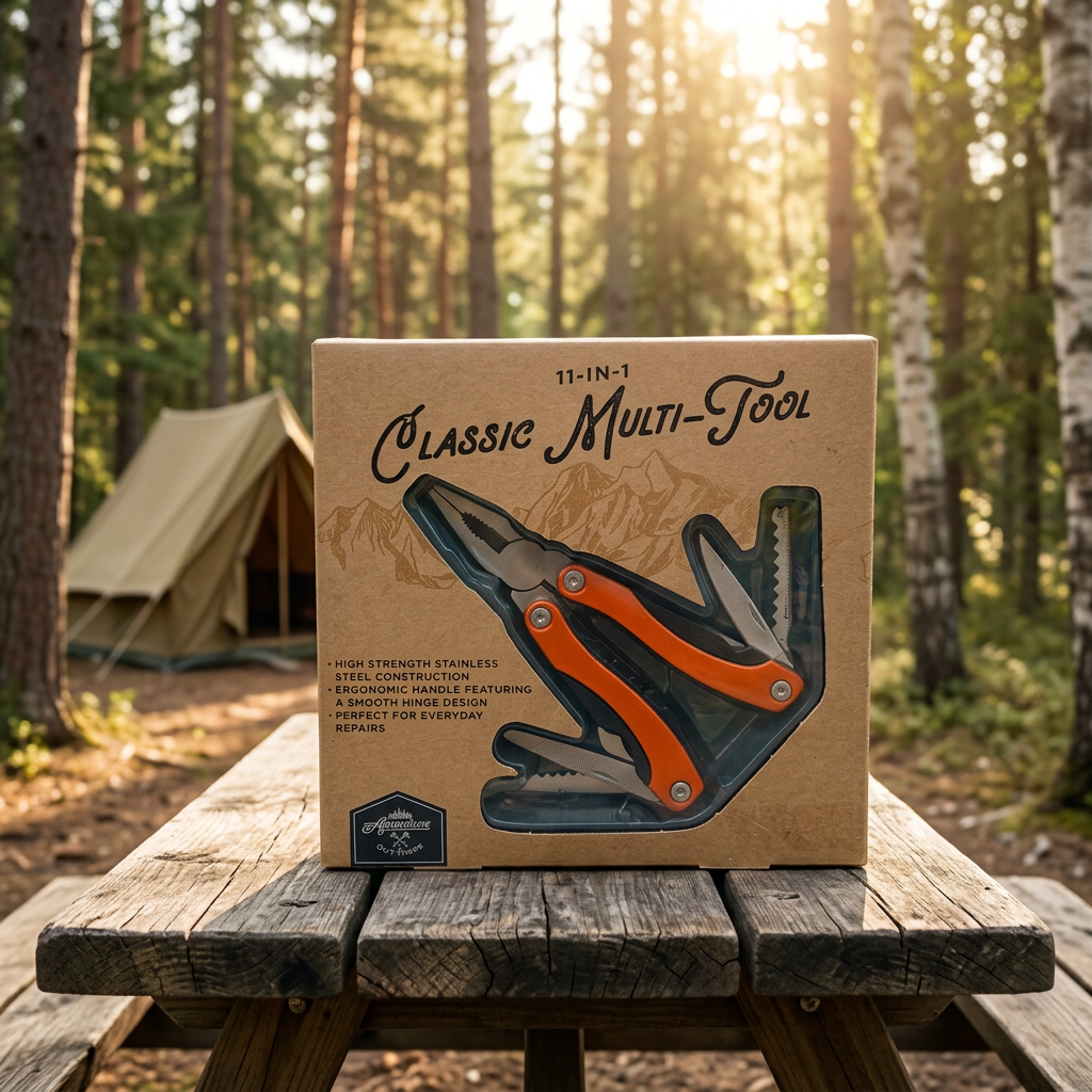 AI-generated lifestyle scene of one boxed Adventure Is Out There orange 11-in-1 multi-tool on a wooded campsite picnic table; tent and props not included.