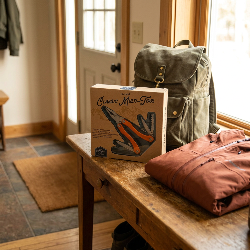 AI-generated lifestyle scene of one boxed Adventure Is Out There orange 11-in-1 multi-tool beside a daypack and jacket in an entryway; props not included.