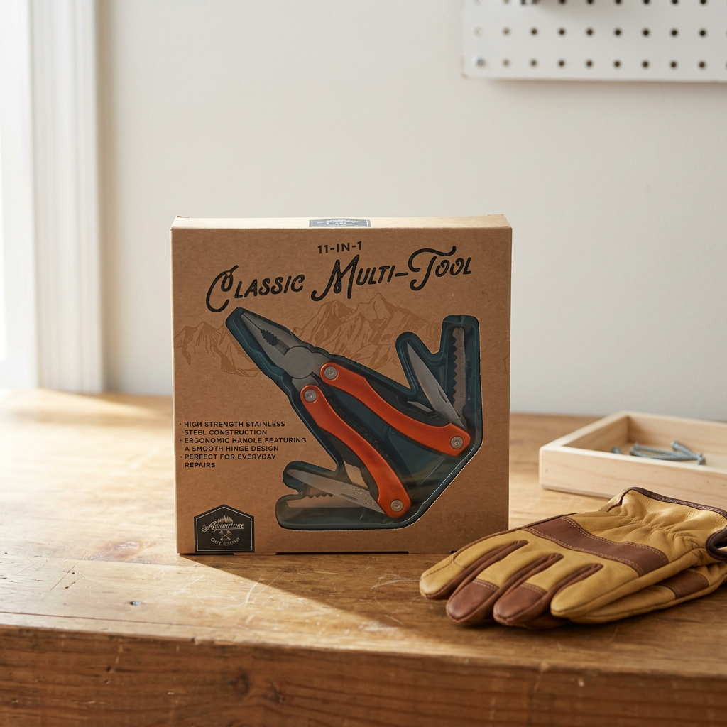 AI-generated lifestyle scene of one boxed Adventure Is Out There orange 11-in-1 multi-tool on a garage workbench; gloves and tray not included.