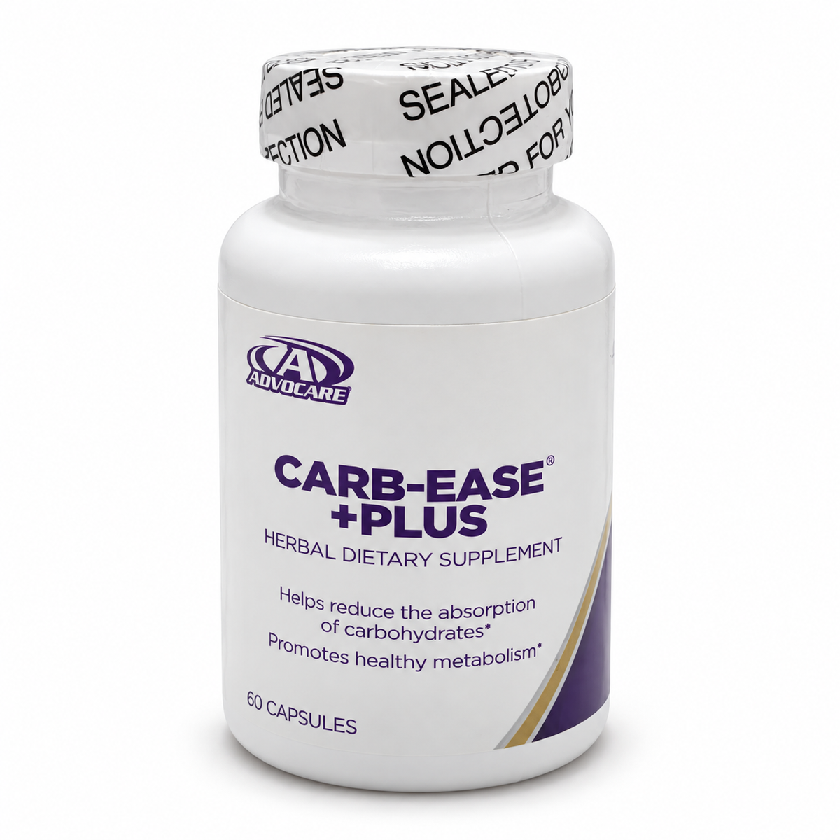 AI-edited studio image of sealed AdvoCare Carb-Ease Plus 60-capsule bottle