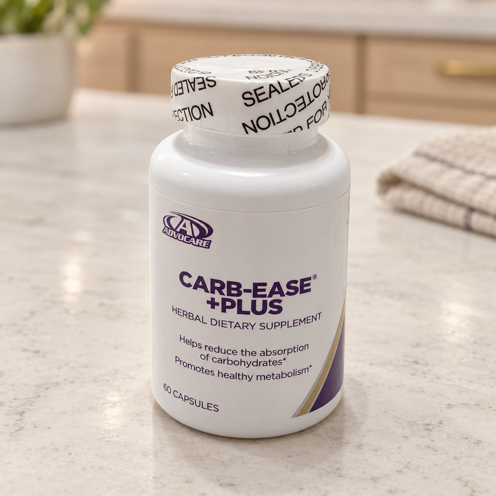 AI-styled illustrative counter scene with sealed AdvoCare Carb-Ease Plus 60-capsule bottle; props not included