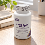 AI-styled illustrative organized scene with sealed AdvoCare Carb-Ease Plus 60-capsule bottle; props not included
