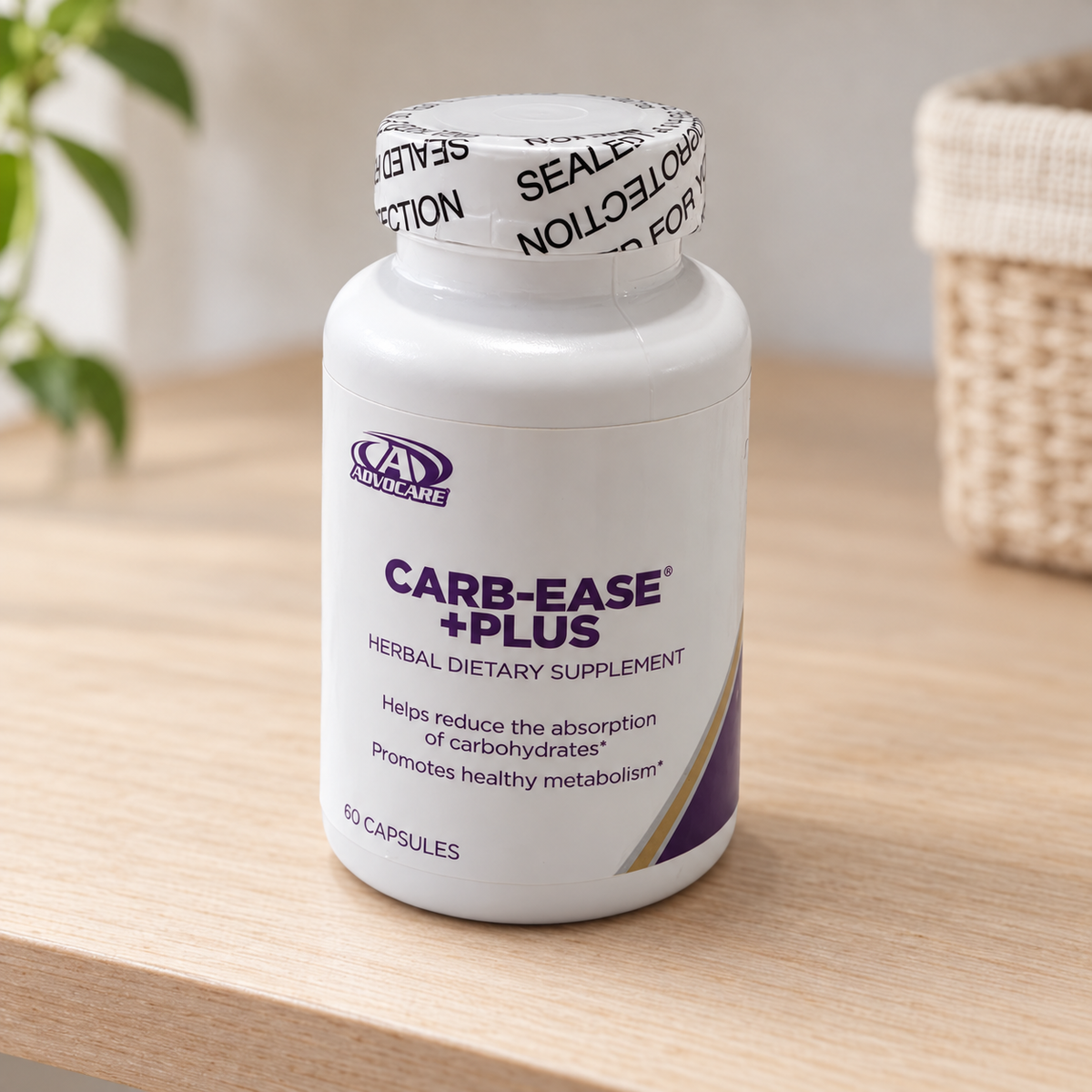 AI-styled illustrative shelf scene with sealed AdvoCare Carb-Ease Plus 60-capsule bottle; props not included
