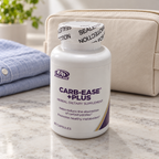 AI-styled illustrative travel scene with sealed AdvoCare Carb-Ease Plus 60-capsule bottle; props not included