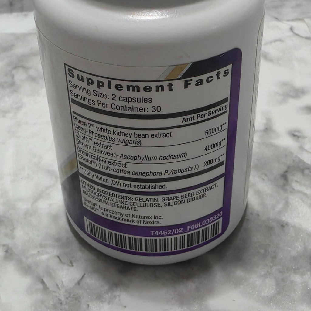 Original photograph of actual AdvoCare Carb-Ease Plus bottle Supplement Facts, ingredients and T4462 label