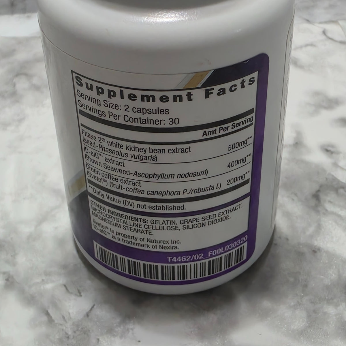 Original photograph of actual AdvoCare Carb-Ease Plus bottle Supplement Facts, ingredients and T4462 label