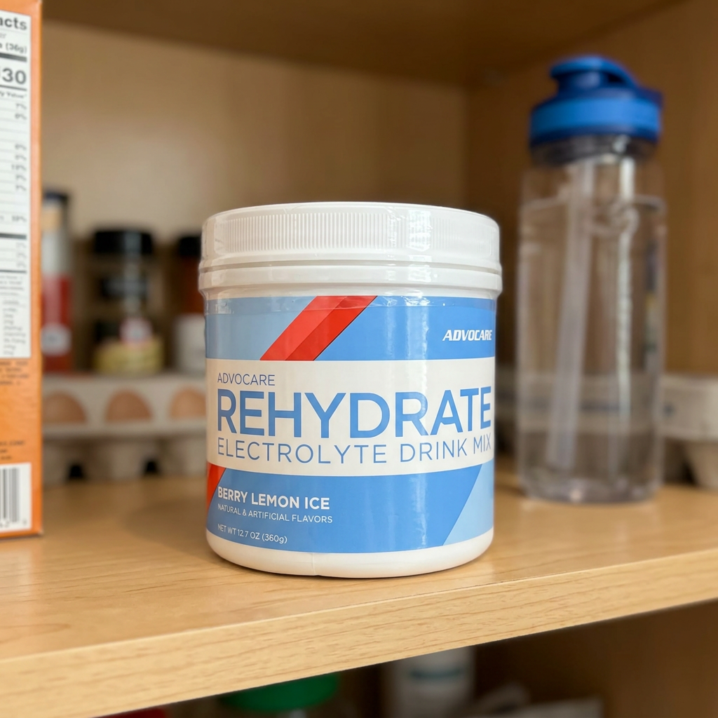 AI-generated lifestyle scene of one sealed AdvoCare Rehydrate Berry Lemon Ice 12.7 oz canister on a pantry shelf; water bottle, food and other props not included