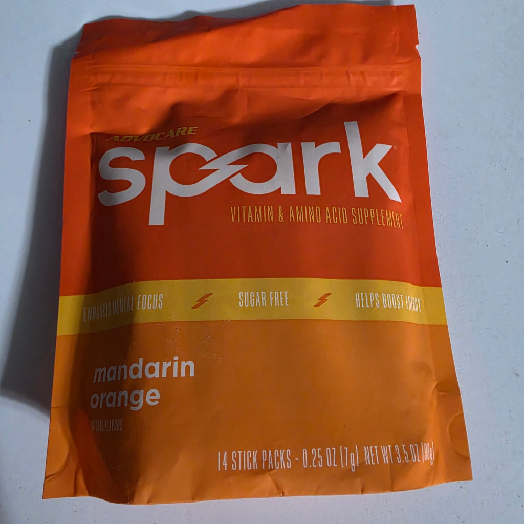 Actual stocked AdvoCare Spark Mandarin Orange vitamin and amino acid supplement 14 stick packs