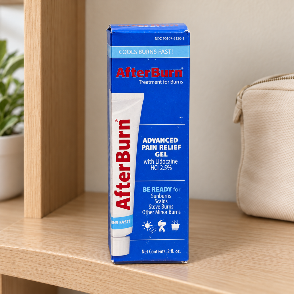 AI-assisted illustration of AfterBurn 2 fl oz carton on a wooden shelf beside a toiletry bag