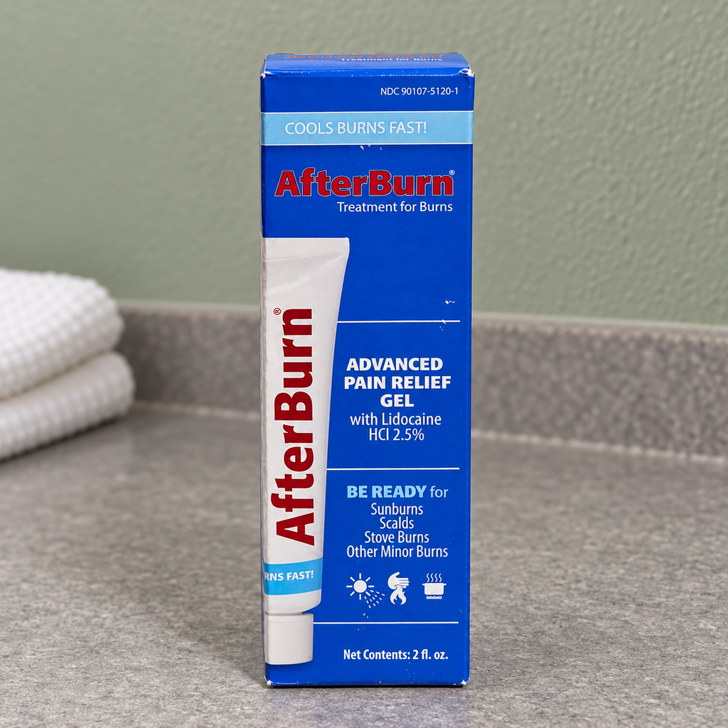AI-assisted illustration of AfterBurn 2 fl oz carton on a bathroom counter beside towels