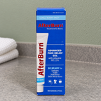 AI-assisted illustration of AfterBurn 2 fl oz carton on a bathroom counter beside towels