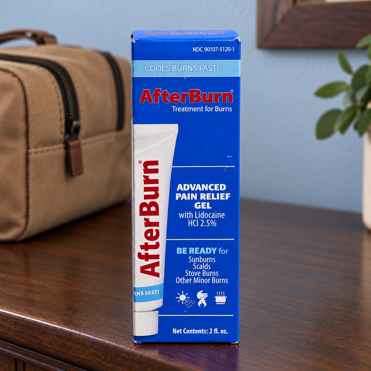 AI-assisted illustration of AfterBurn 2 fl oz carton on a wooden counter beside a travel bag