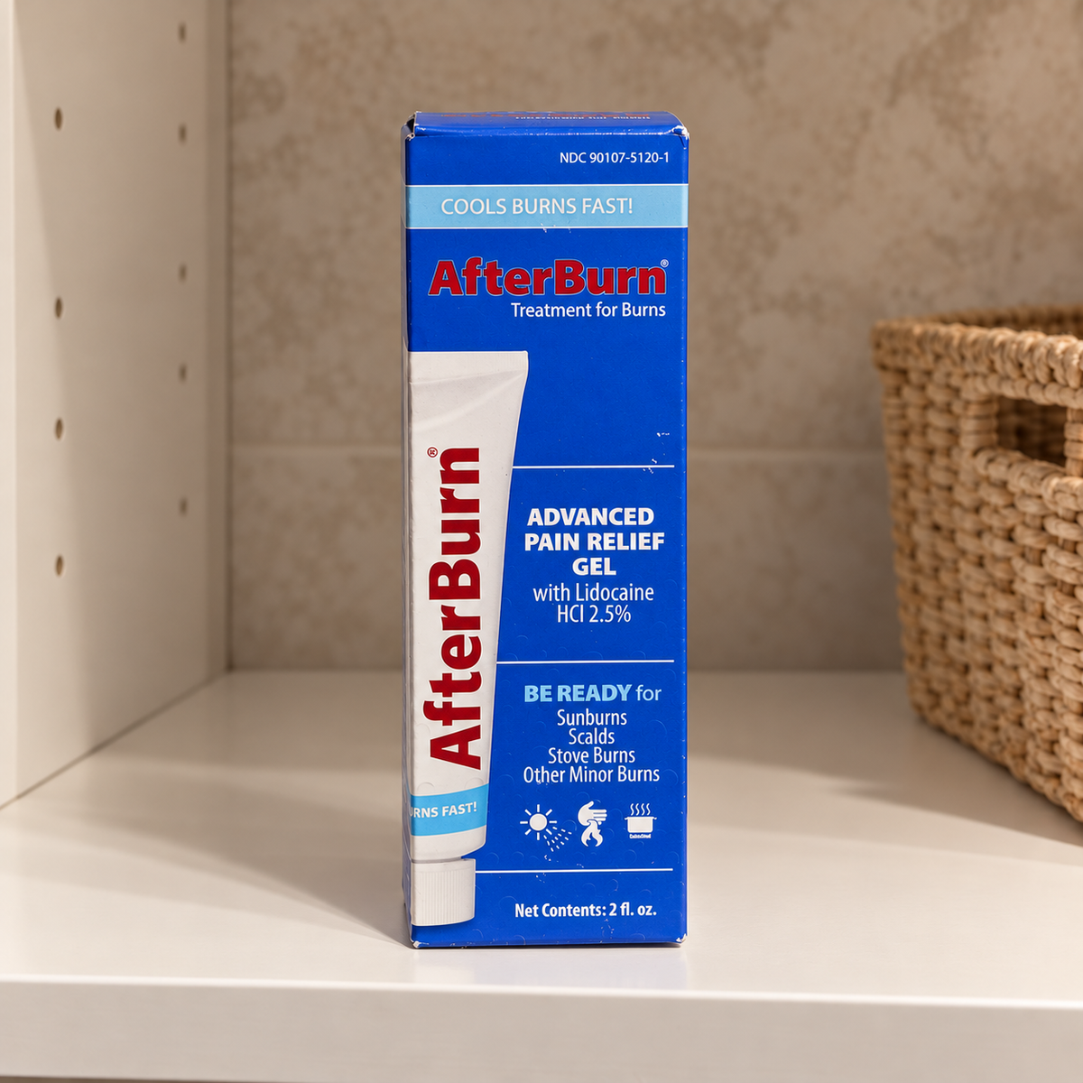 AI-assisted illustration of AfterBurn 2 fl oz carton on a pale bathroom shelf