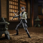 G.I. Joe Classified Series Akiko figure posed with two crossed blades in a miniature courtyard.
