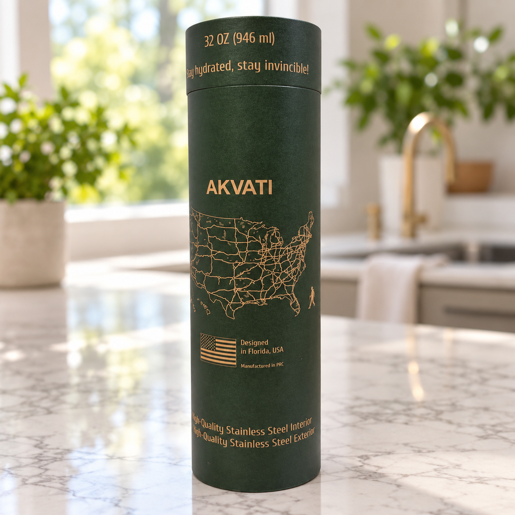 AI-assisted illustration of AKVATI 32 oz green bottle retail tube in a kitchen