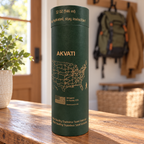 AI-assisted illustration of AKVATI 32 oz green bottle retail tube in a home entryway